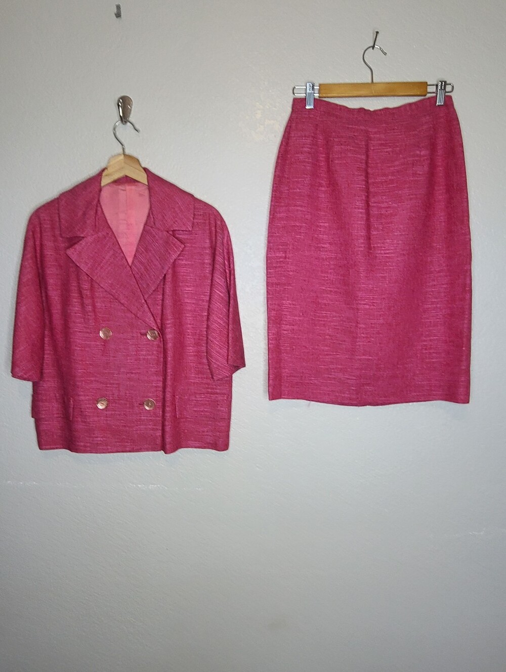 Pink 2 Piece Skirt Suit Set Jacket & Pencil Skirt Vintage Twill Textured Suit